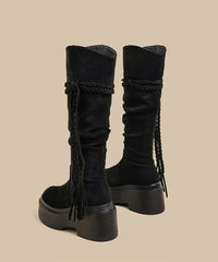 Brown Wrinkled Tassel Splicing Platform Boots