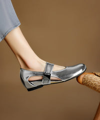 Silver Wedge Shoes Cowhide Leather Retro Splicing Buckle Strap