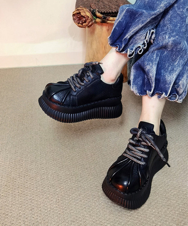 Black Lace Up Splicing Cowhide Leather Platform Shoes