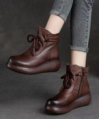 Lace Up Zippered Splicing Platform Boots Black Cowhide Leather