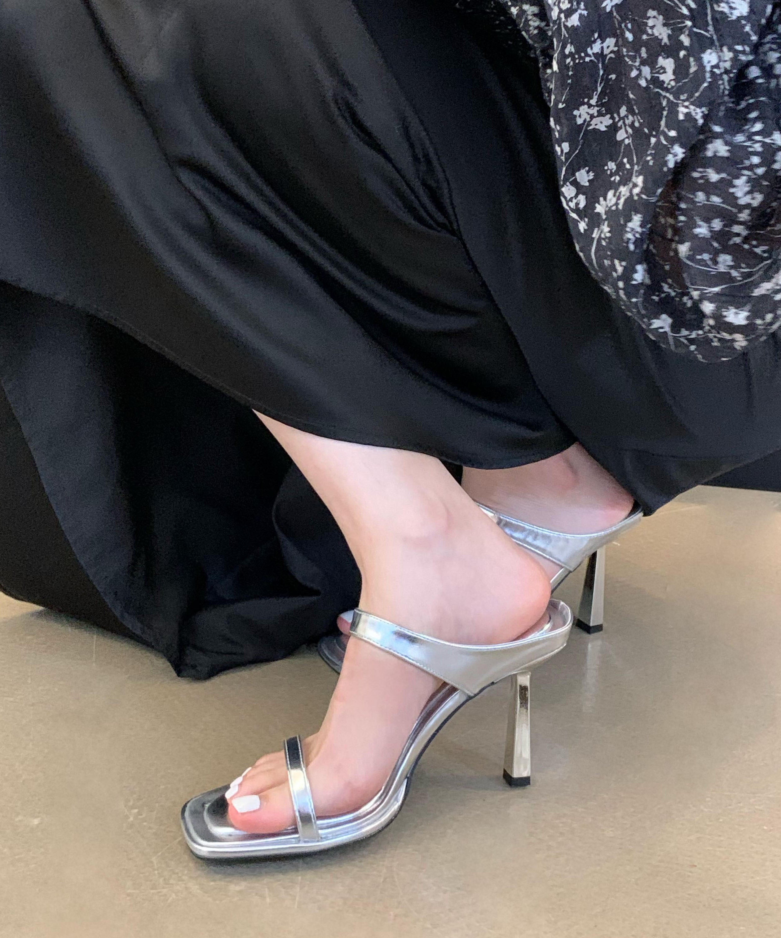 Stylish Rose Faux Leather Stiletto Slide Sandals Peep Toe