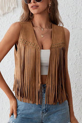 Suede V-neck Sleeveless Casual Studded Tassel Vest