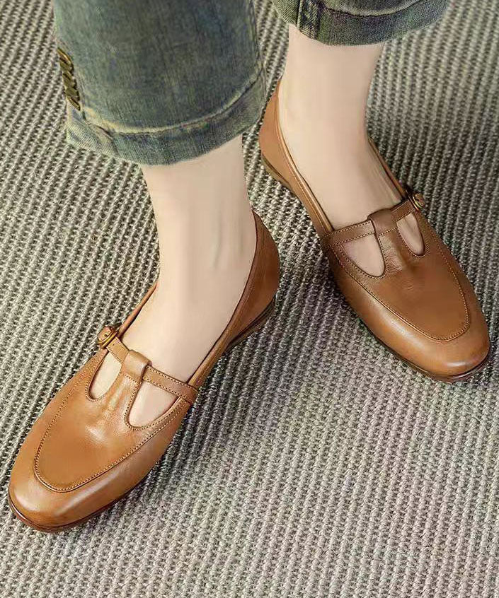 Boutique Pink Cowhide Leather Splicing Flat Shoes Buckle Strap