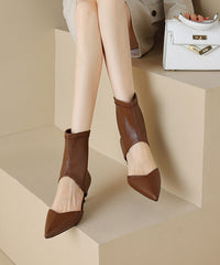 Brown High Heels Faux Leather Splicing Boots Hollow Out