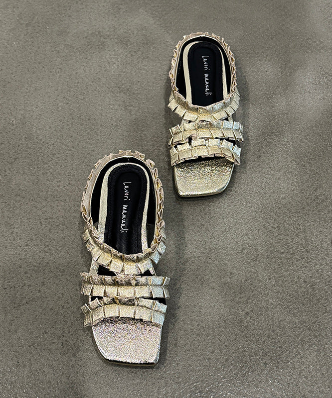 Black Wrinkled Sheepskin Slide Sandals Peep Toe