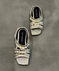 New Black Wrinkled Sheepskin Slide Sandals Peep Toe