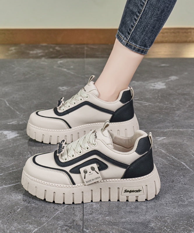 Beige Khaki Lace Up Splicing Platform Flat Feet Shoes