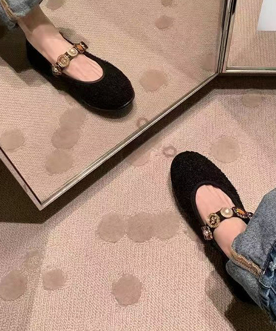 Black Woolen Splicing Flat Shoes Buckle Strap