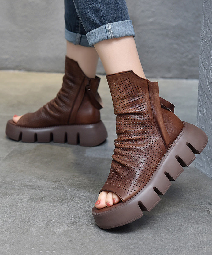 Black Boots Platform Cowhide Leather Peep Toe New