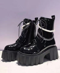 Black Boots Platform Cowhide Leather Splicing Cross Strap