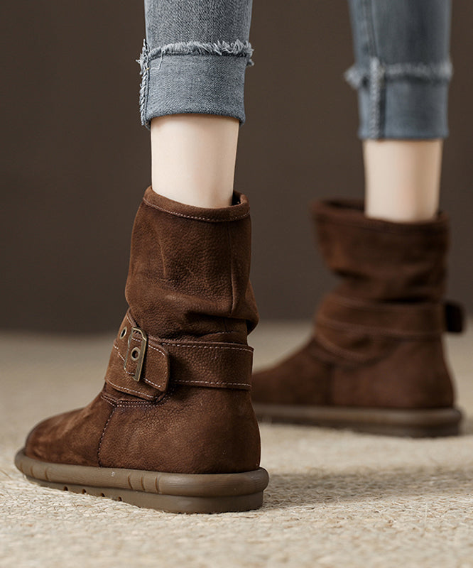 Chocolate Cowhide Leather Comfy Buckle Strap Splicing Boots