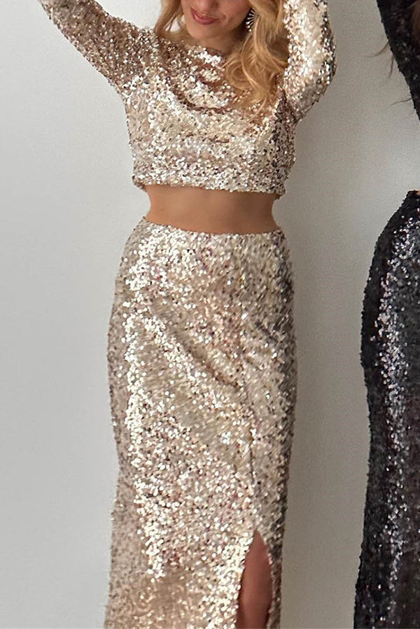 Solid Sequined Long-sleeved Crop Top and Slit Midi Skirt Set