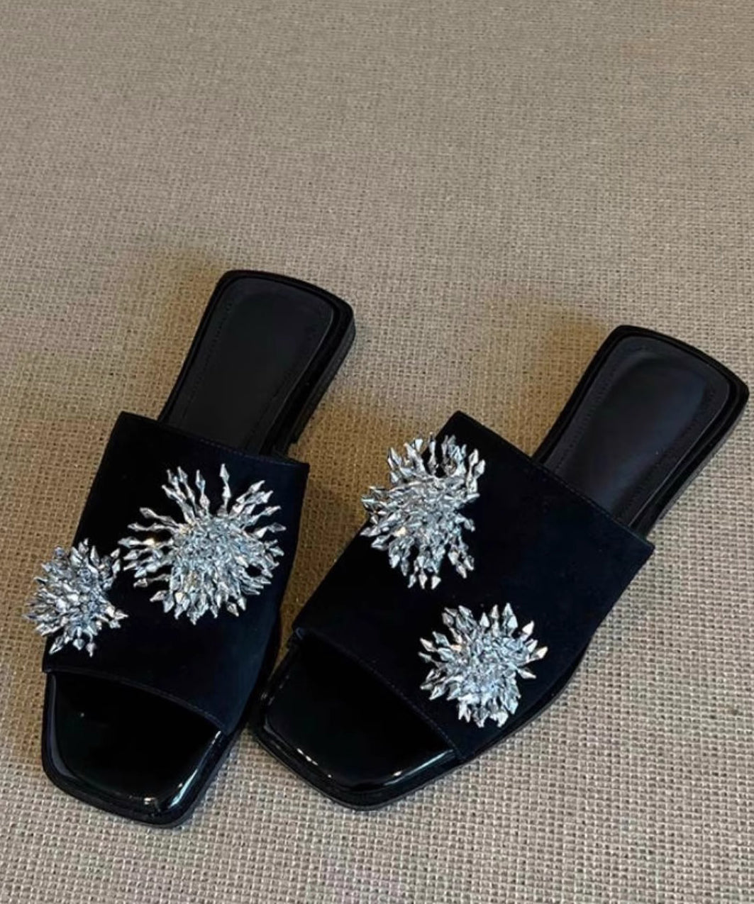 Italian Floral Splicing Green Cowhide Leather Slide Sandals Peep Toe