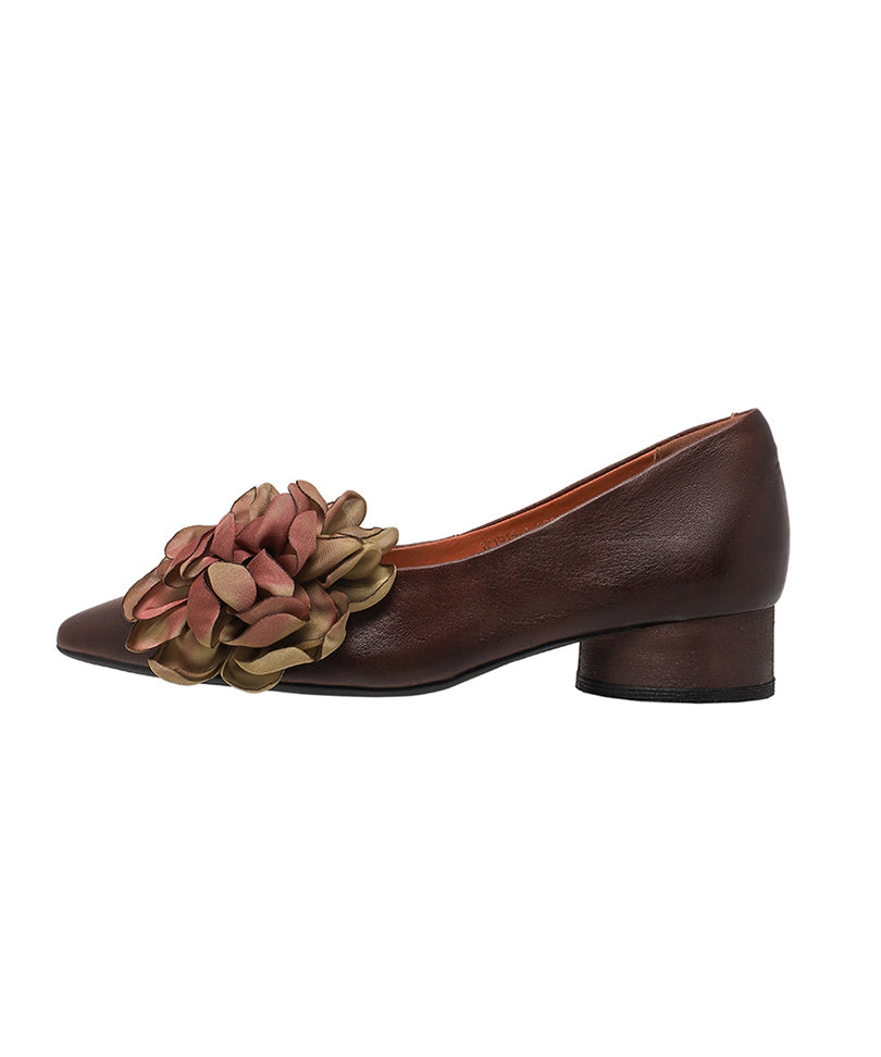 Brown Flower Cowhide Leather Chunky Heel Shoes