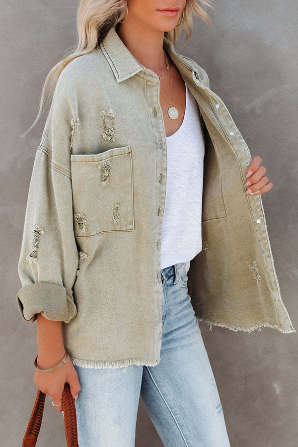 Lapel Long Sleeve Ripped Denim Jacket