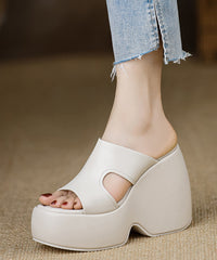 Stylish Wedge Heels Black Cowhide Leather Slide Sandals