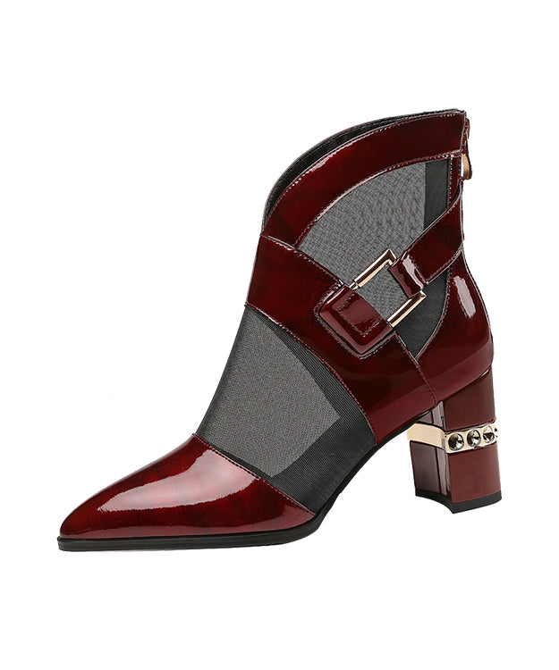 Mulberry Chunky Heel Faux Leather Tulle Splicing Boots