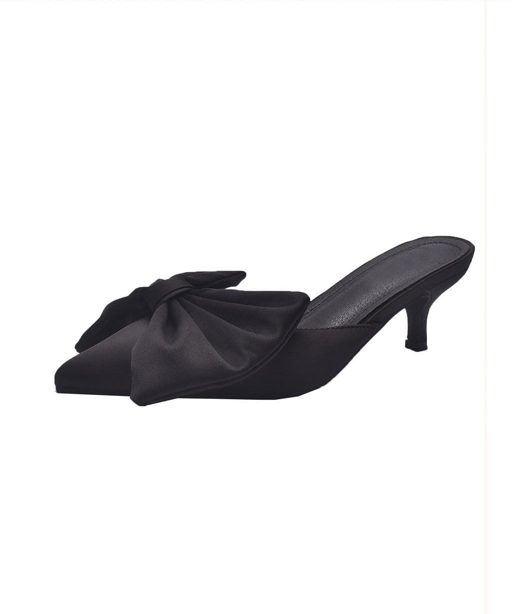Black High Heel Bow Splicing Slide Sandals Pointed Toe