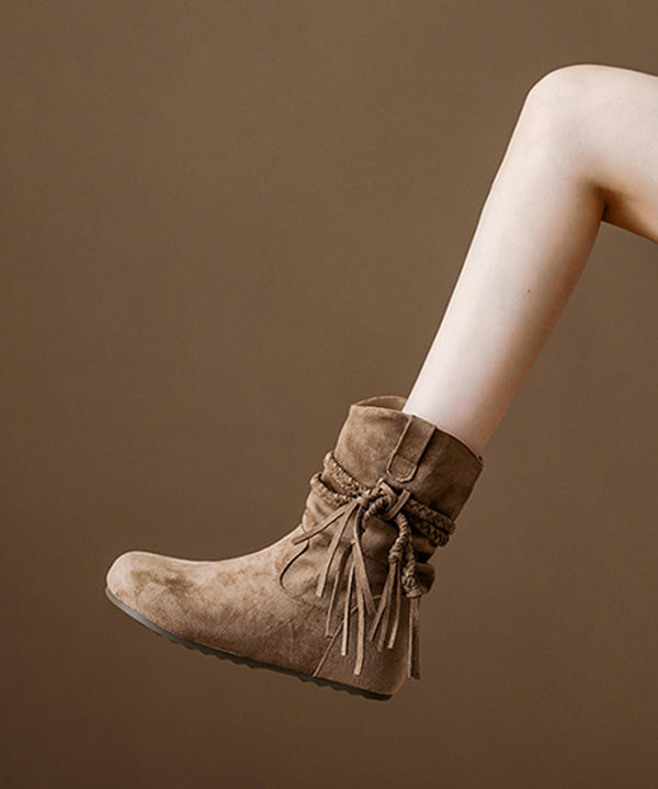 Khaki Tassel Wrinkled Splicing Bohemian Suede Boots