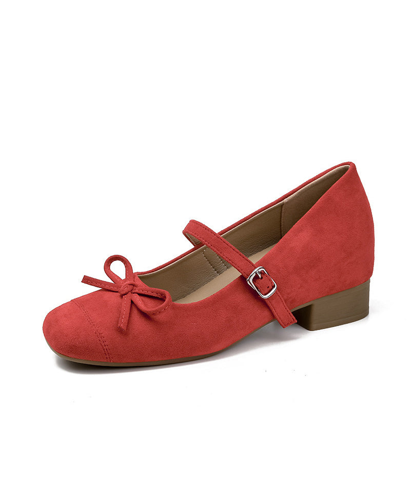 Red Buckle Strap Bow Splicing Chunky Shoes Suede