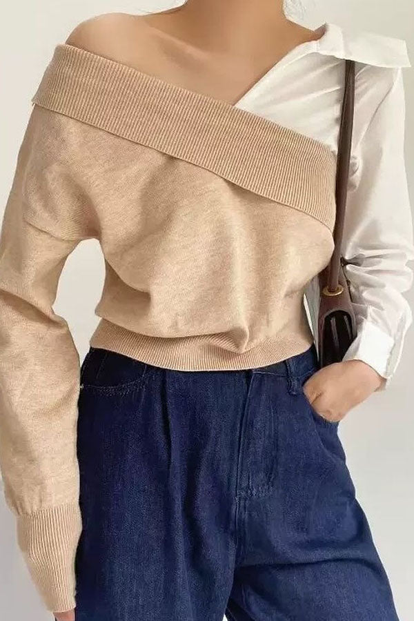 Patchwork Contrasting Long-sleeved V-neck Casual Sweater