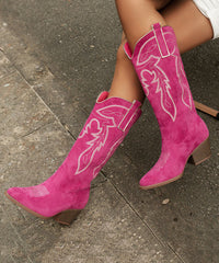 Green Pointed Toe Solid Suede Embossed Chunky Boots