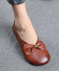 Elegant Chocolate Bow Cowhide Flat Shoes For Women