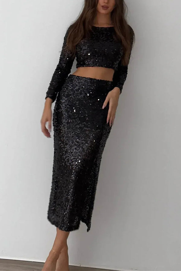Solid Sequined Long-sleeved Crop Top and Slit Midi Skirt Set