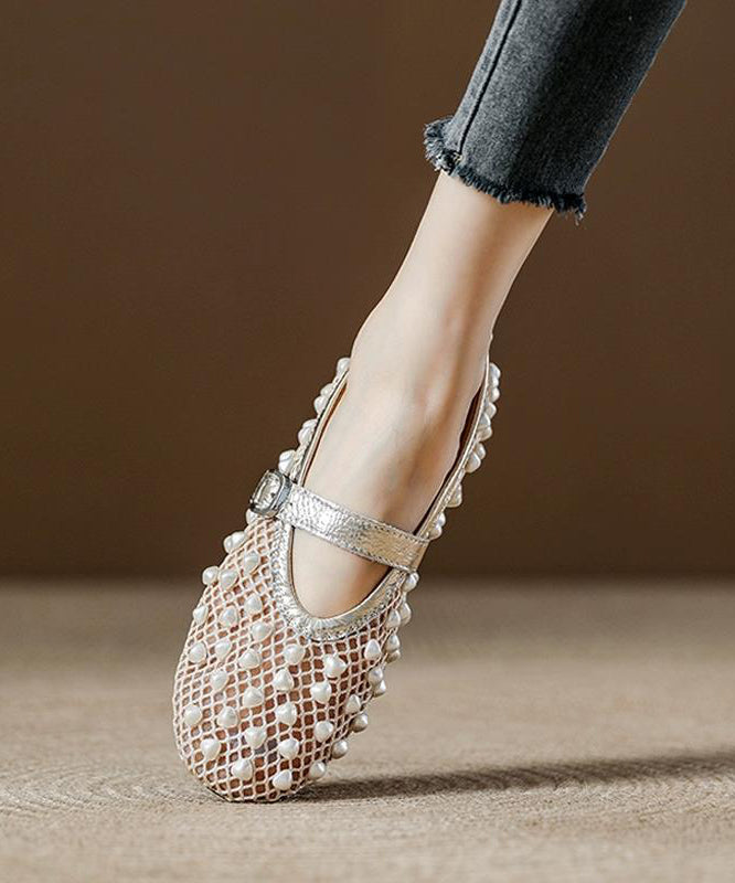 Champagne Breathable Mesh Nail Bead Flats Splicing Cowhide Leather