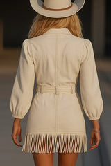 Long-sleeved Fitted Waist Fringed Hem Denim-style Mini Dress