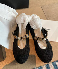Black Woolen Splicing Flat Shoes Buckle Strap