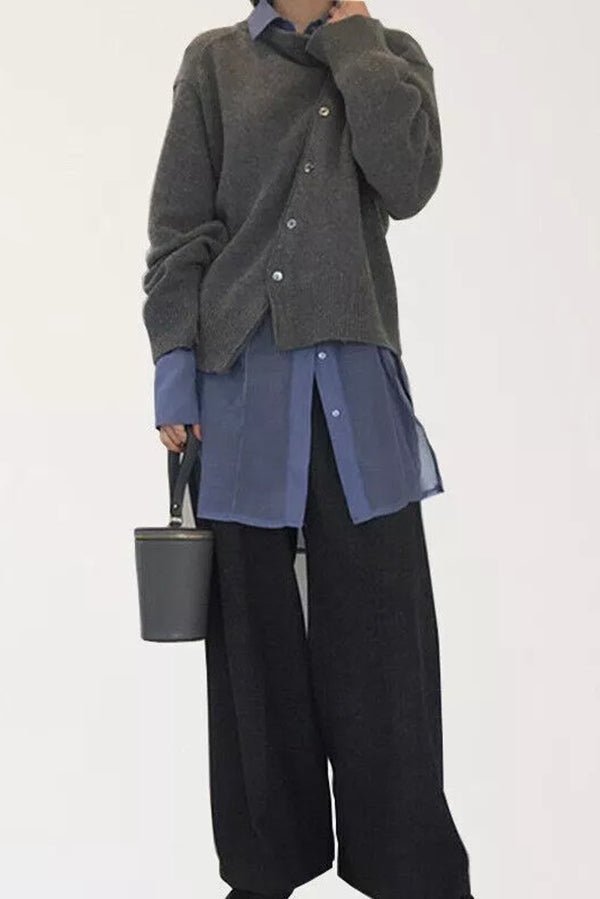 Irregular Button Knitted Crew Neck Sweater