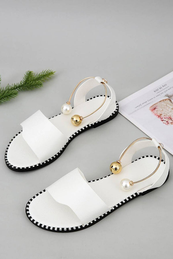 Simple Flat Bottom Pearl Buckle Roman Sandals