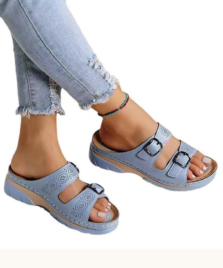 Splicing Wedge Yellow Slide Sandals Hollow Out Peep Toe