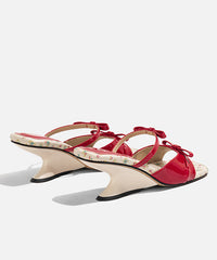 Bow Splicing Wedge Pink Faux Leather Slide Sandals Peep Toe