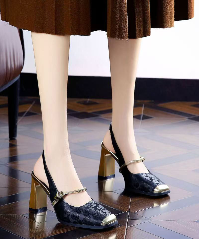 Retro Green Print Faux Leather Splicing Chunky Heel Sandals