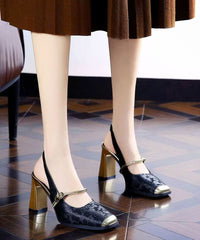 Retro Green Print Faux Leather Splicing Chunky Heel Sandals