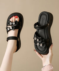 Boho Bow Zircon Splicing Platform Black Faux Leather Slide Sandals