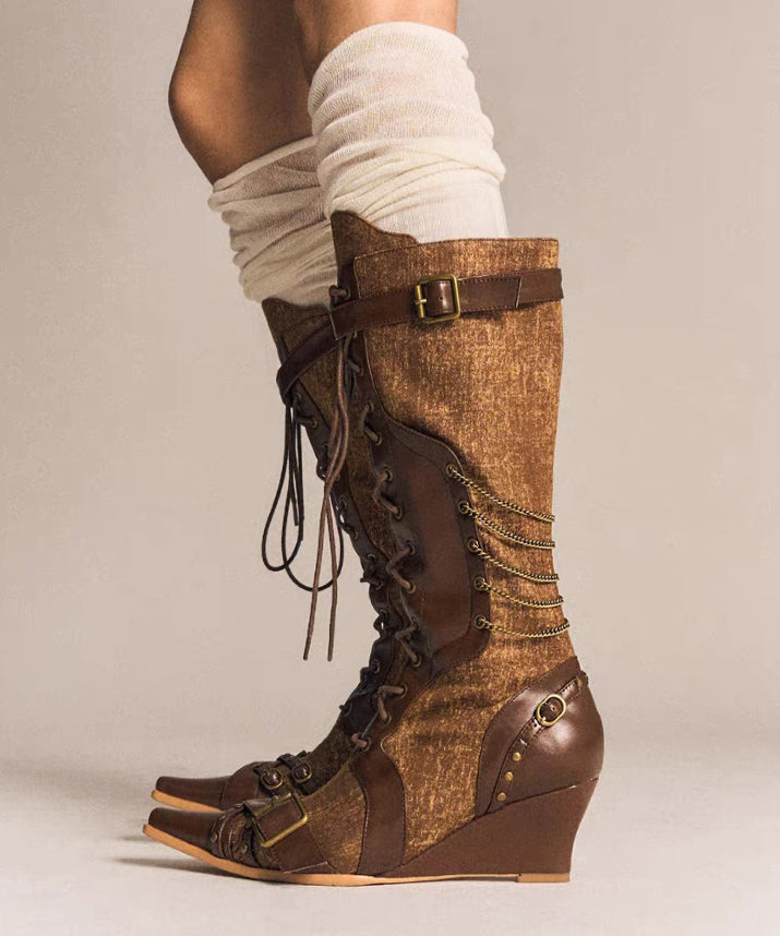 Boho Denim Splicing Lace Up Wedge Boots Brown Cowhide Leather