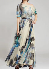 French Sky Blue Asymmetric Printed Chiffon Long Skirt Summer