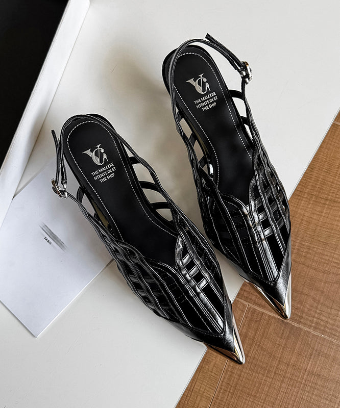 Chic Black High Heel Cowhide Leather Hollow Out Splicing Sandals