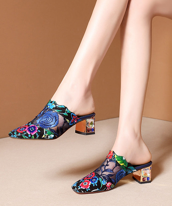 Blue Classy Chunky Sheepskin Embroidered Slide Sandals