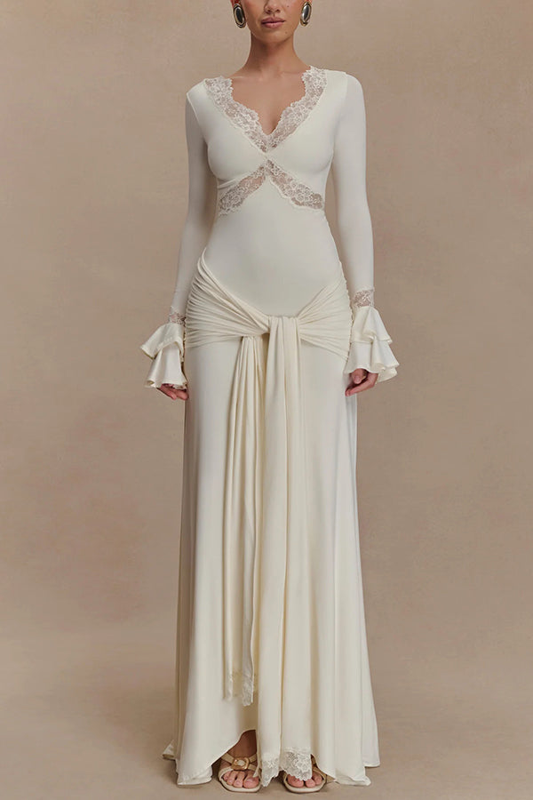 Lace Splicing V-neck Long-sleeved Slim Maxi Dress