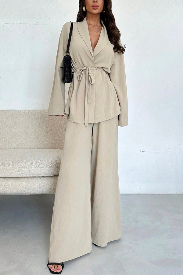 Solid Color Collared Long-sleeved Tie-waist Loose Top and Elastic Waist Casual Wide-leg Pants Set