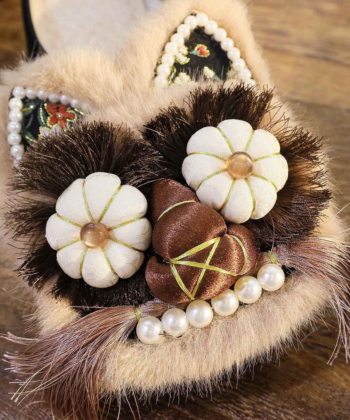 Splicing Slippers Shoes Coffee Embroidery Tassel