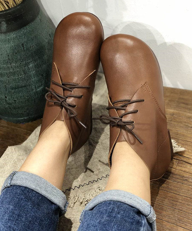 Lace Up Flat Feet Shoes Comfy Black Cowhide Leather