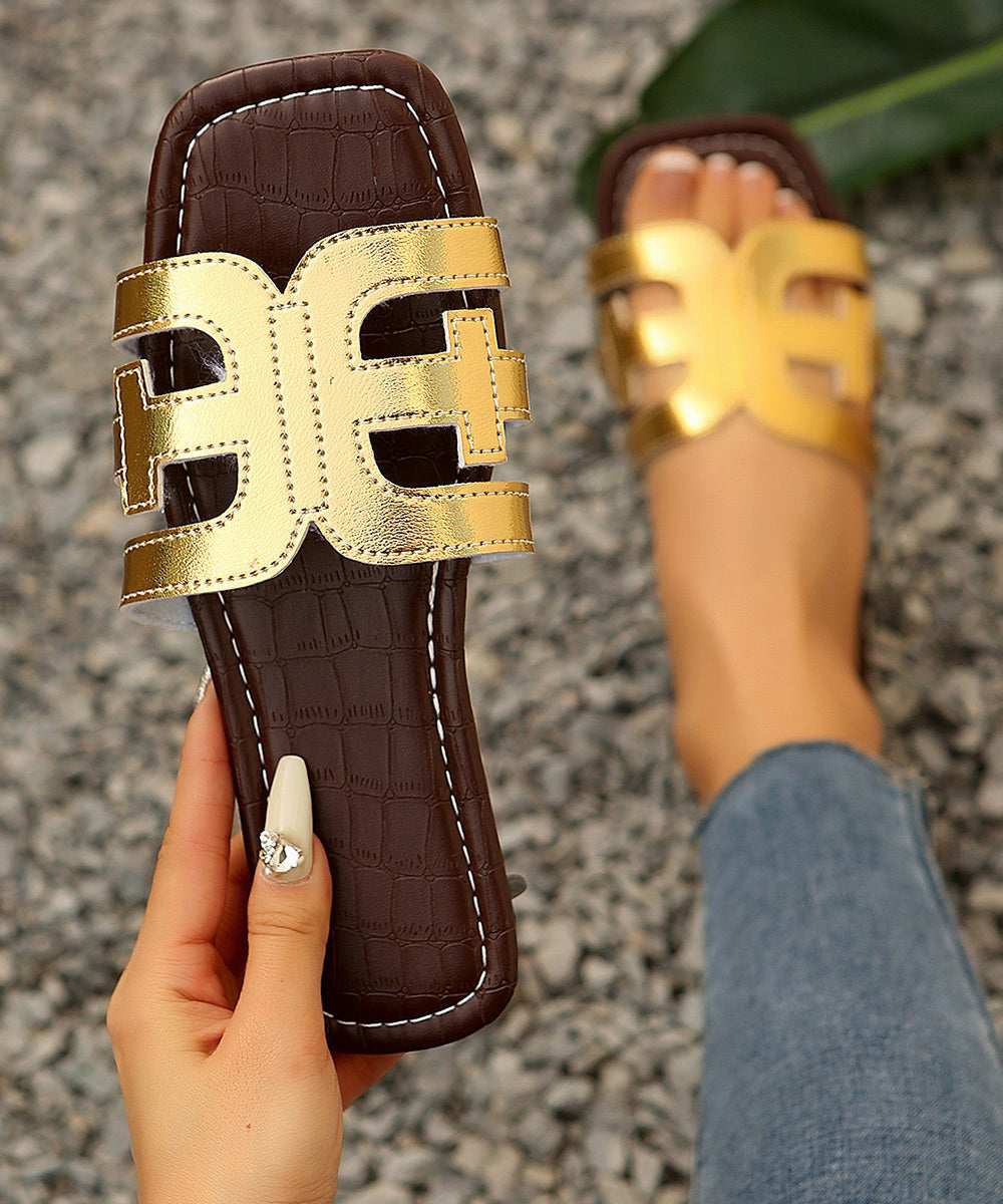 Boho Splicing Black Faux Leather Slide Sandals Peep Toe