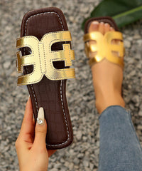 Boho Splicing Black Faux Leather Slide Sandals Peep Toe