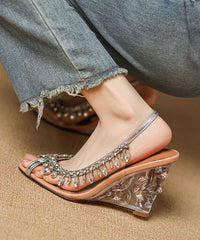 Stylish Cowhide Leather Apricot Sequins Splicing Wedge Heels Sandals