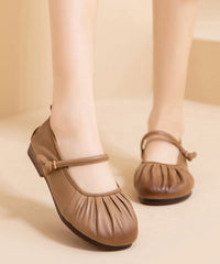 Brown Comfy Cowhide Leather Splicing Flat Shoes Wrinkled